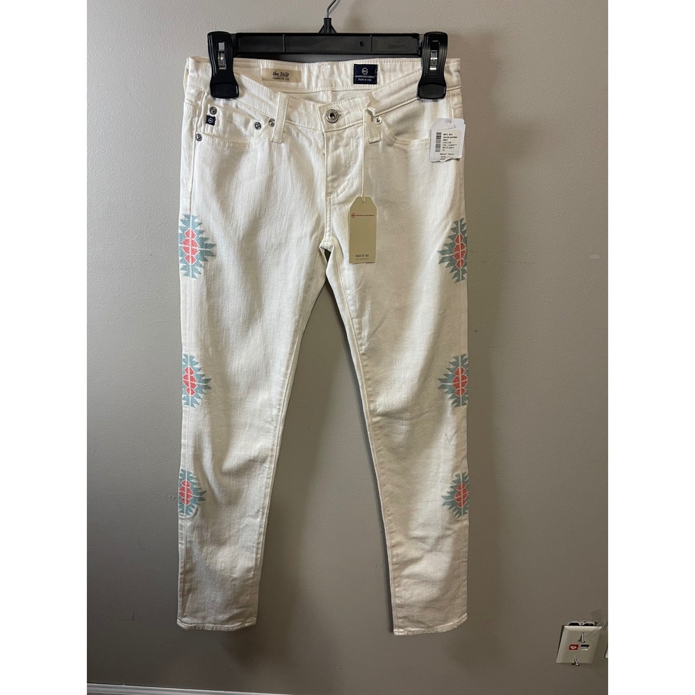 AG Adriano Goldschmied The Stilt Cigarette Leg Embroidered Jeans White 25R NEW